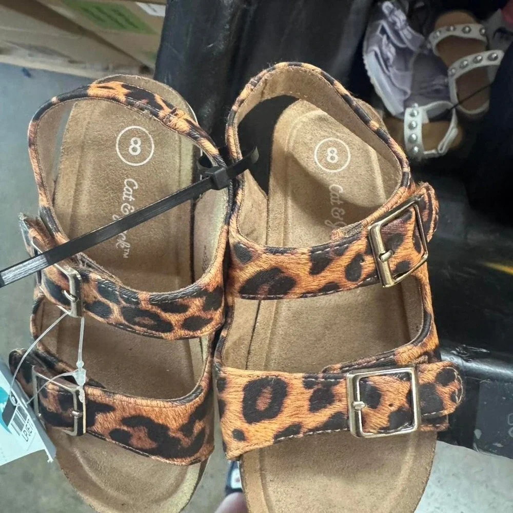 Cat & Jack Girls Leopard Print Double Buckle Slide Sandals Birkenstock Size 8